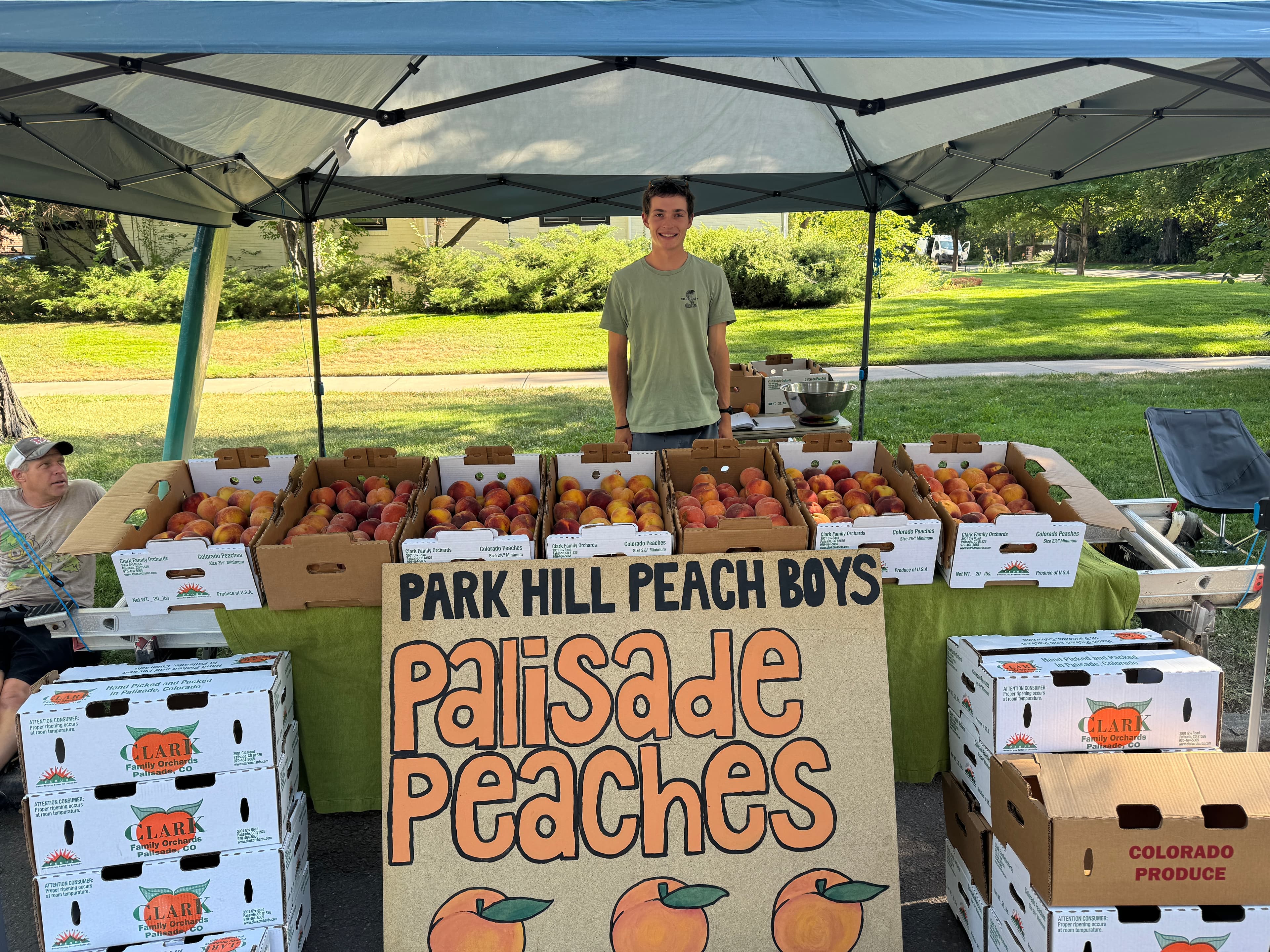 A crate of ripe orange Palisade peaches